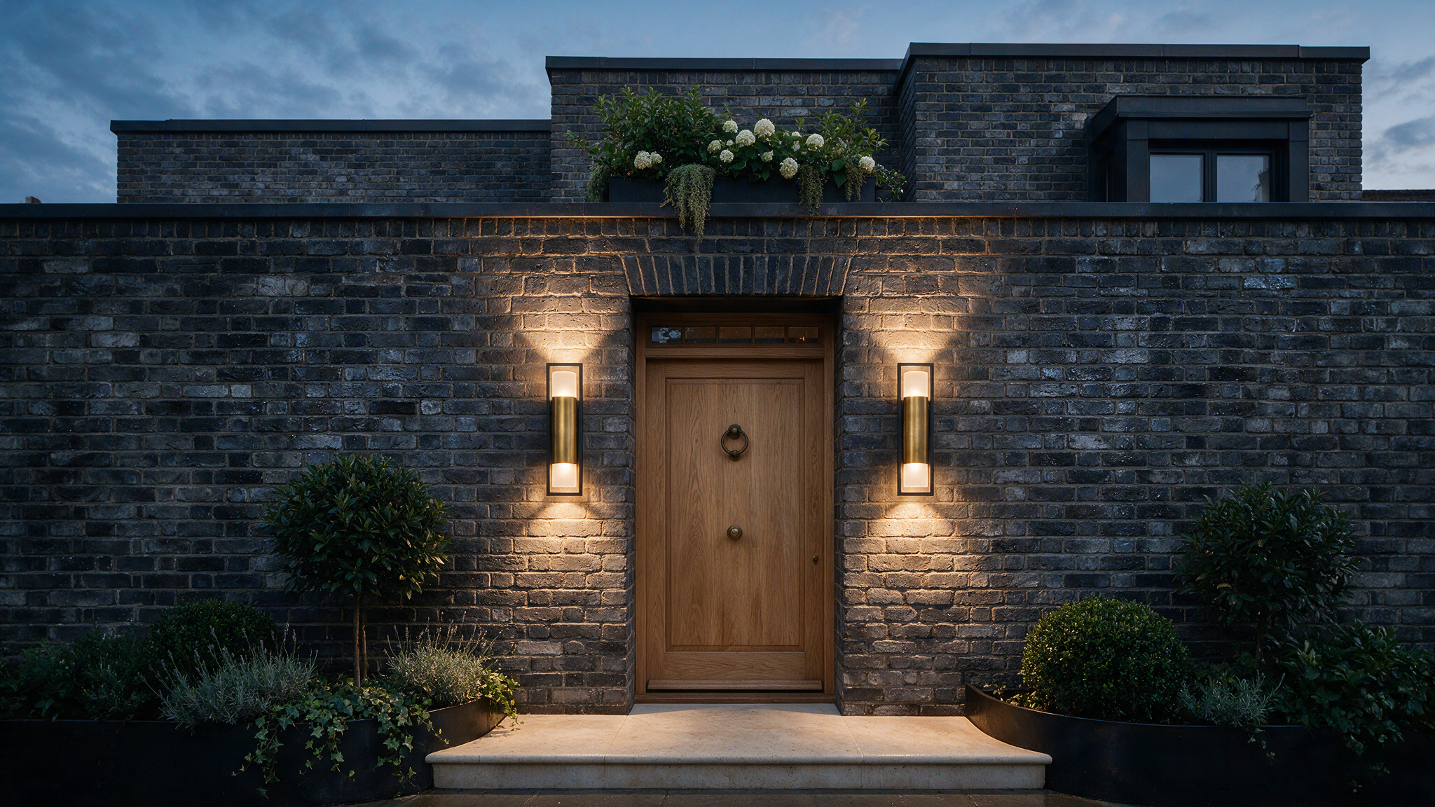 Belinda Lights townhouse facade with outdoor wall lights switched on