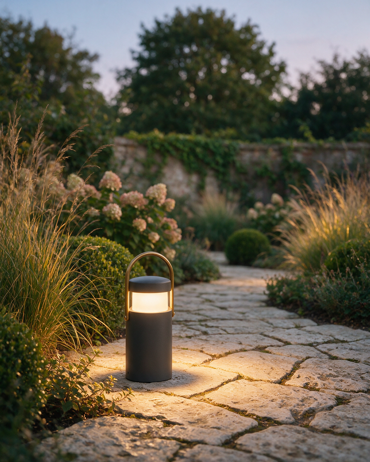 Rowan Garden Bollard Light switched on beside a limestone path