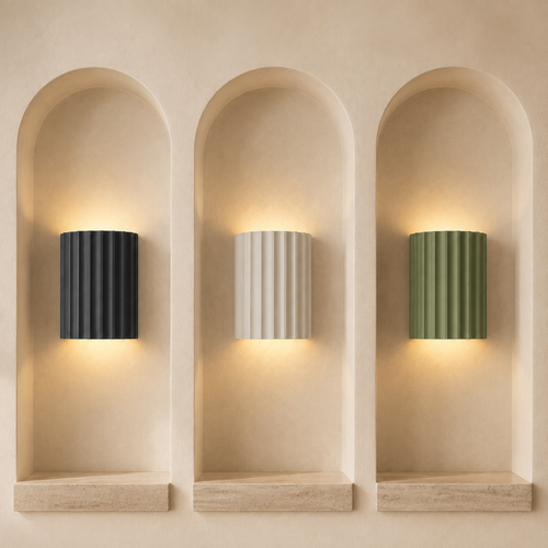 ArtiGlow ribbed wall lights in Grey, White and Green displayed in architectural niches
