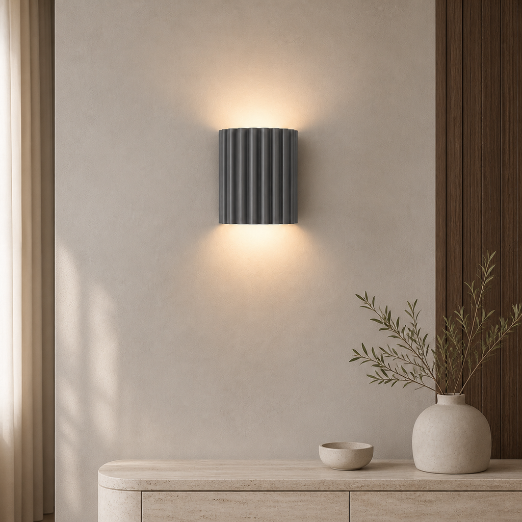 Grey ArtiGlow ribbed wall light in a warm contemporary interior