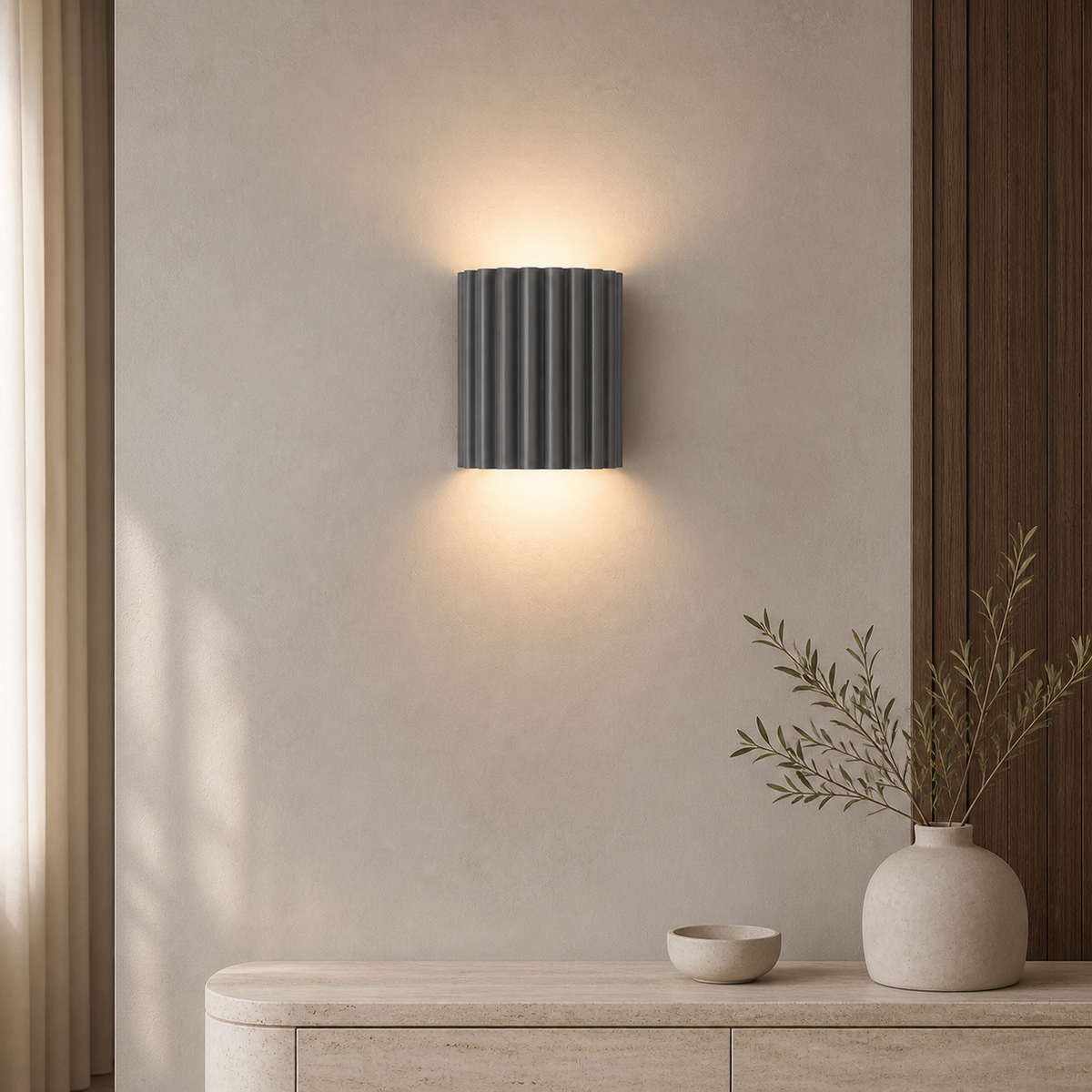 Grey ArtiGlow ribbed wall light in a warm contemporary interior