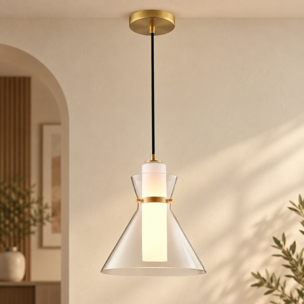 Bliss aged brass pendant light in a warm contemporary interior