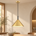 Joy satin brass pendant light in a warm contemporary dining interior