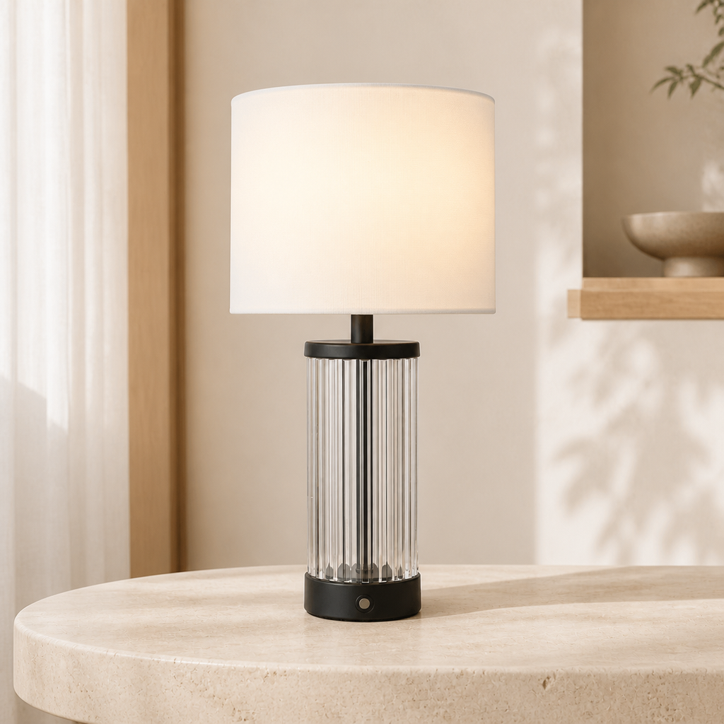 Enrico Rechargeable Table Lamp Satin Black and Glass With Shade LED