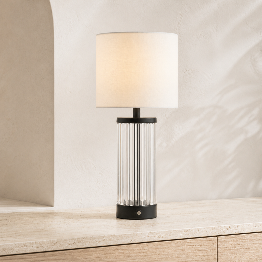 Enrico Rechargeable Table Lamp Satin Black and Glass With Shade LED