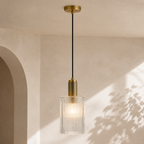Nikolas Pendant Natural Solid Brass Ribbed Cylinder Glass