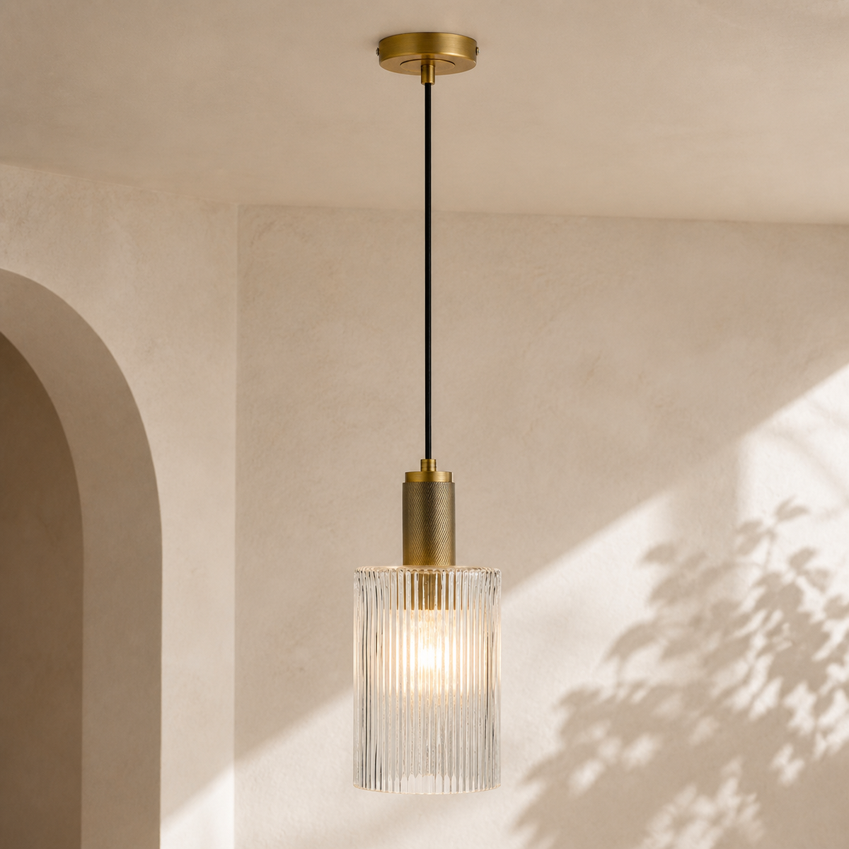 Nikolas Pendant Natural Solid Brass Ribbed Cylinder Glass