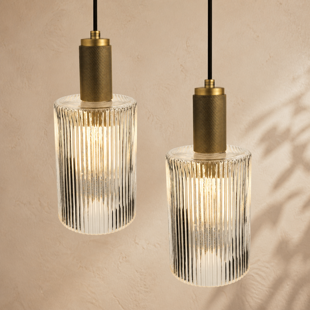 Nikolas Pendant Natural Solid Brass Ribbed Cylinder Glass