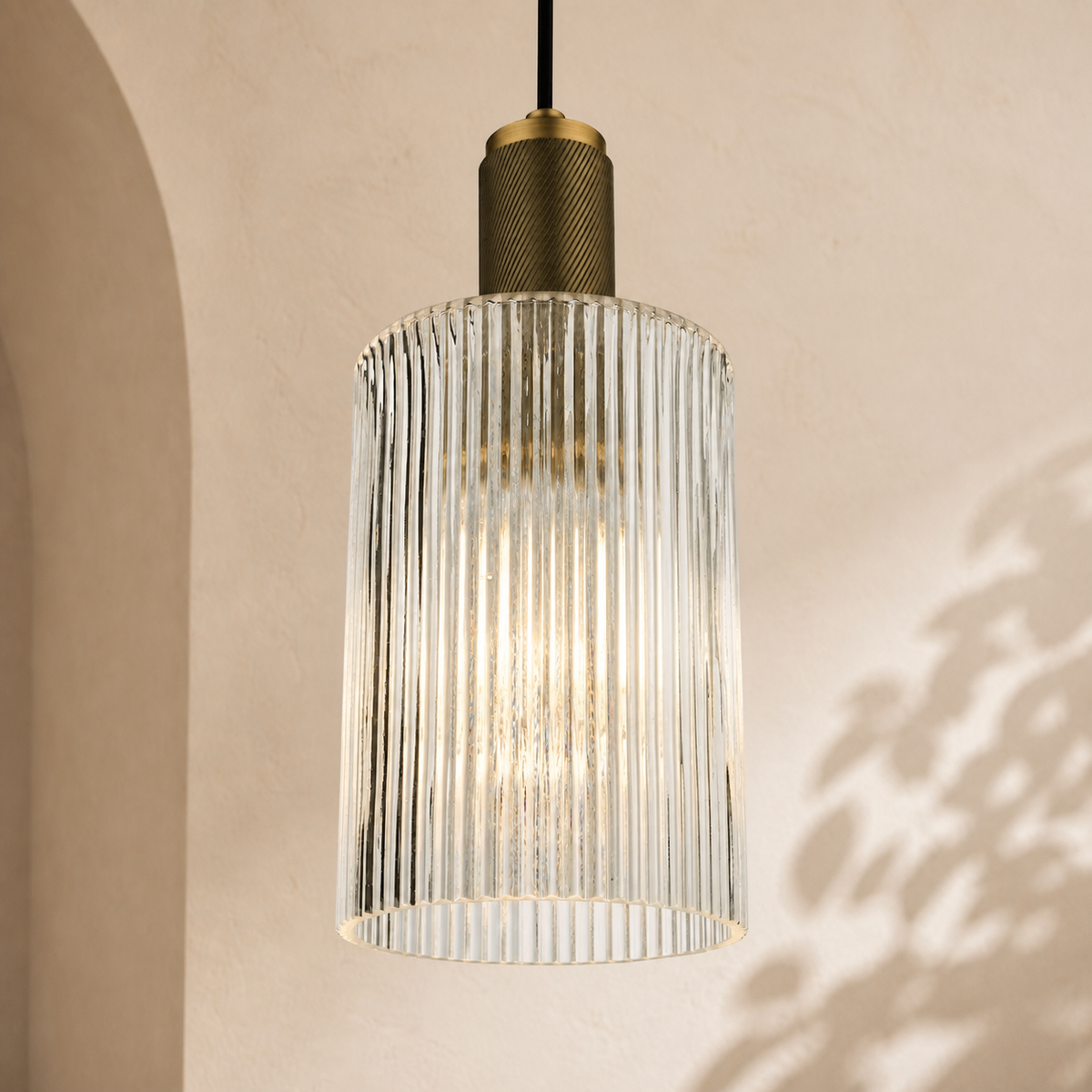 Nikolas Pendant Natural Solid Brass Ribbed Cylinder Glass