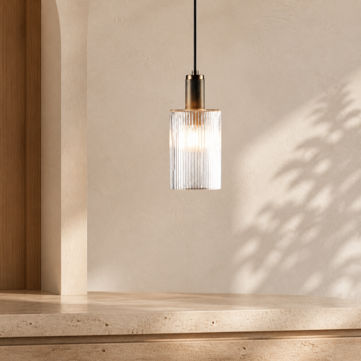 Nikolas Pendant Natural Solid Brass Ribbed Cylinder Glass