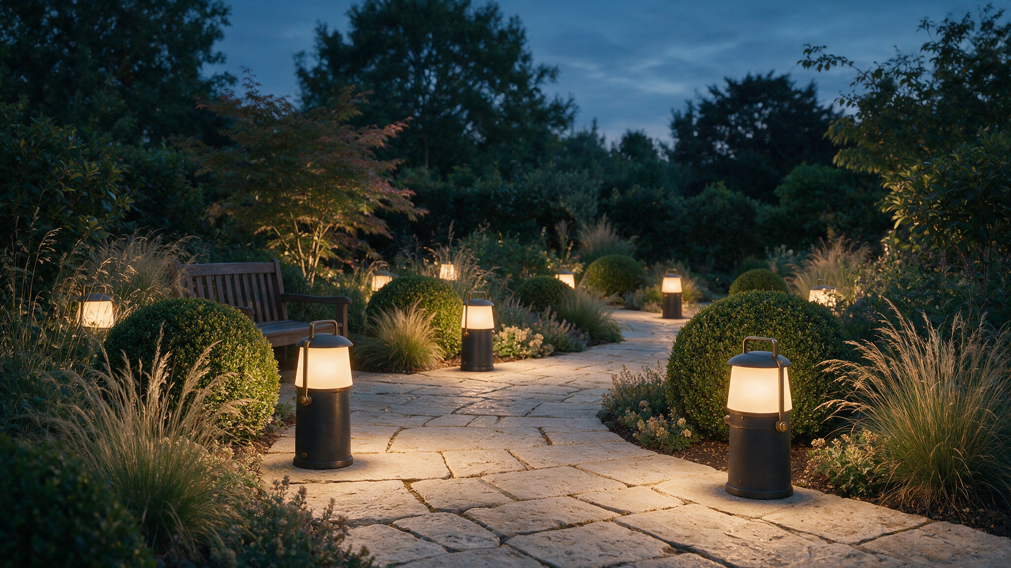 Belinda Lights English garden with path lights switched on