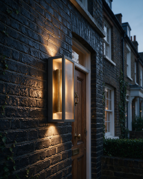 Alder Outdoor Wall Light switched on beside a townhouse door