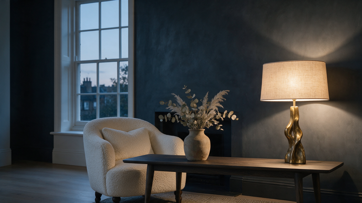 Belinda Lights editorial living room with a table lamp switched on