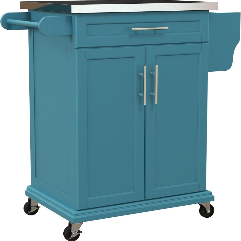 HOMCOM Kitchen Island on Wheels, Rolling Kitchen Cart with Stainless Steel Countertop, Drawer, Towel Rack and Spice Rack, Utility Storage Trolley, Blue